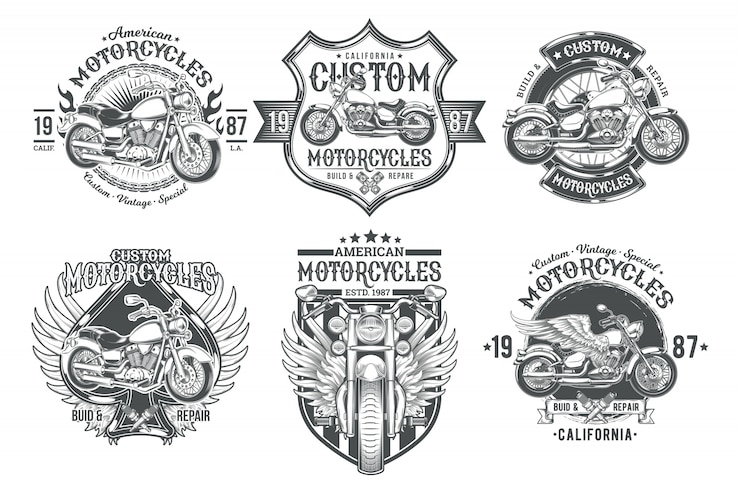 Free Vector set vector black vintage badges, emblems with a custom motorcycle