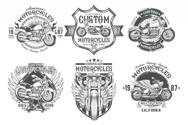 Set vector black vintage badges, emblems with a custom motorcycle