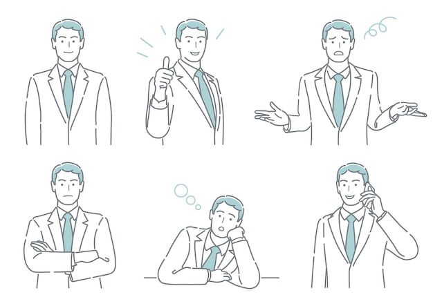 Set of vector businessperson with different poses expressing a variety of emotions