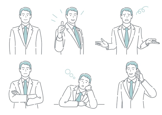 Набор векторных бизнесмен с разных позах, выражающих различные эмоции