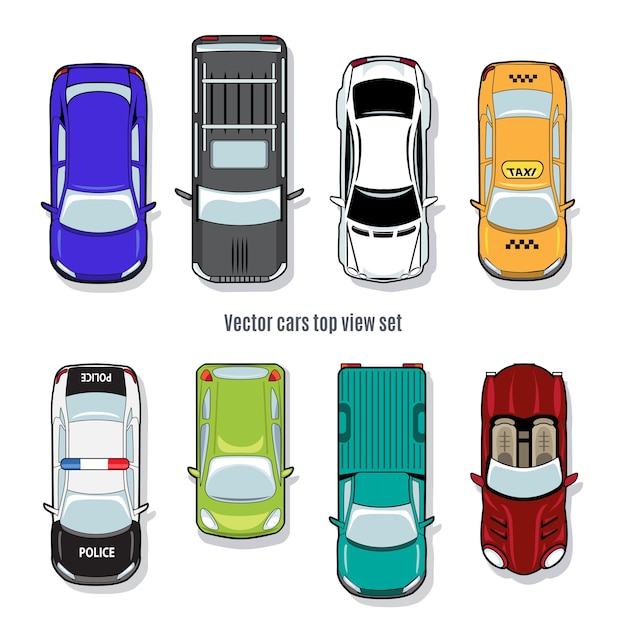 Set of vector cars top view. automobile convertible pickup and jeep, taxi and police