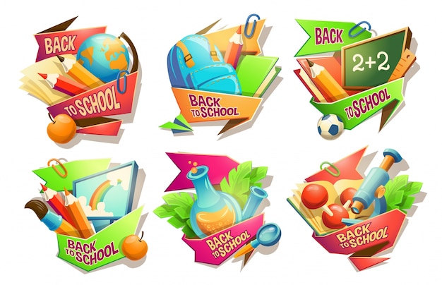 Free vector set of vector cartoon illustrations, badges, stickers, emblems, colored icons of school supplies