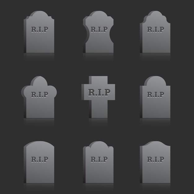 Set of vector gravestones with text rip on the gray background