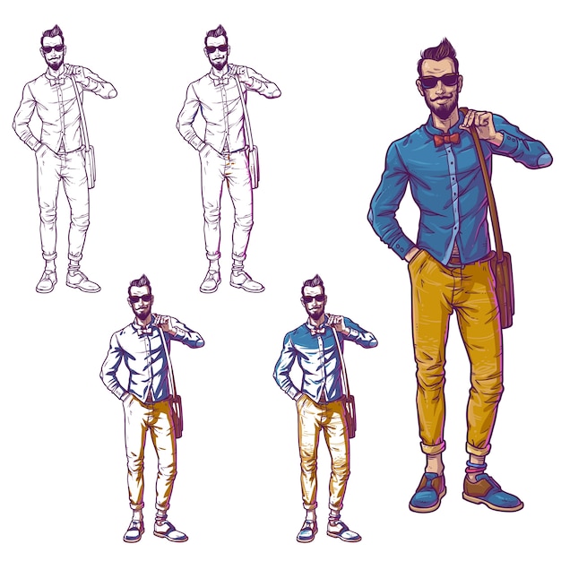 Vettore gratuito set illustrazione vettoriale di un ragazzo alla moda