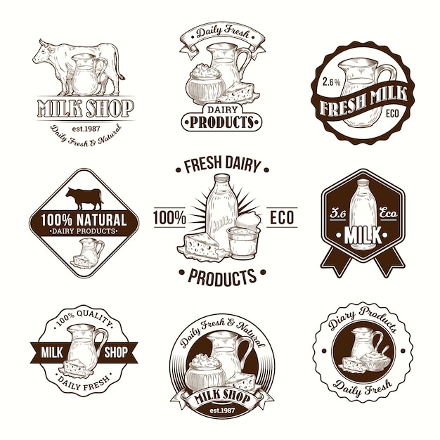 Set di illustrazioni vettoriali, badge, adesivi, etichette, logo, francobolli per il latte e prodotti lattiero-caseari