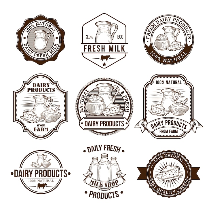 Free Vector set of vector illustrations, badges, stickers, labels, stamps for milk and dairy products