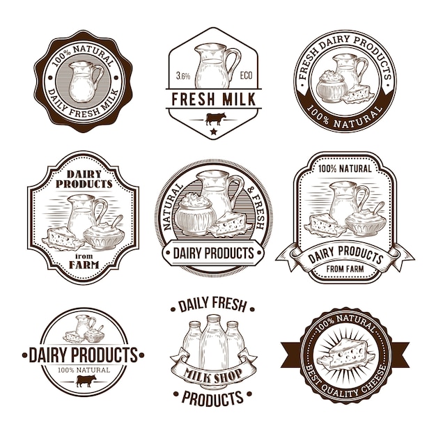 Set of vector illustrations, badges, stickers, labels, stamps for milk and dairy products