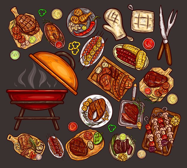 Set of vector illustrations, elements for barbecue