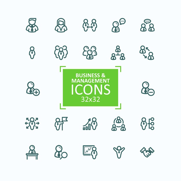 Free vector set of vector illustrations fine line icons, collection of business people icons, personnel management