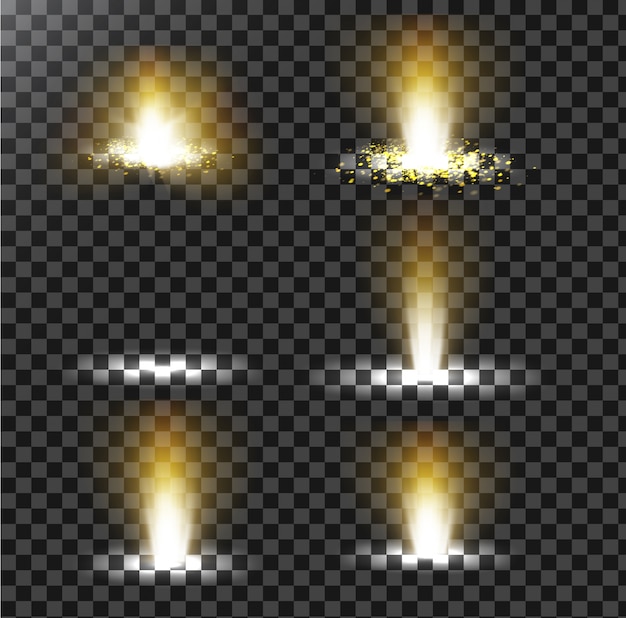 Set of vector illustrations of a golden light ray with glitter, a light beam