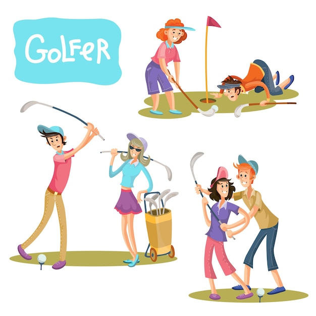 Vettore gratuito set di illustrazioni vettoriali di giochi da golf.