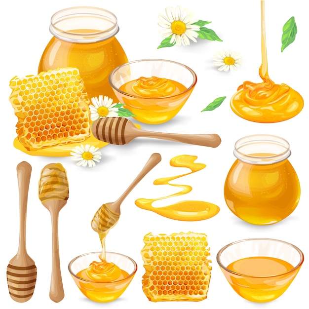 Free vector set of vector illustrations of honey in honeycombs, in a jar, dripping from honey dipper