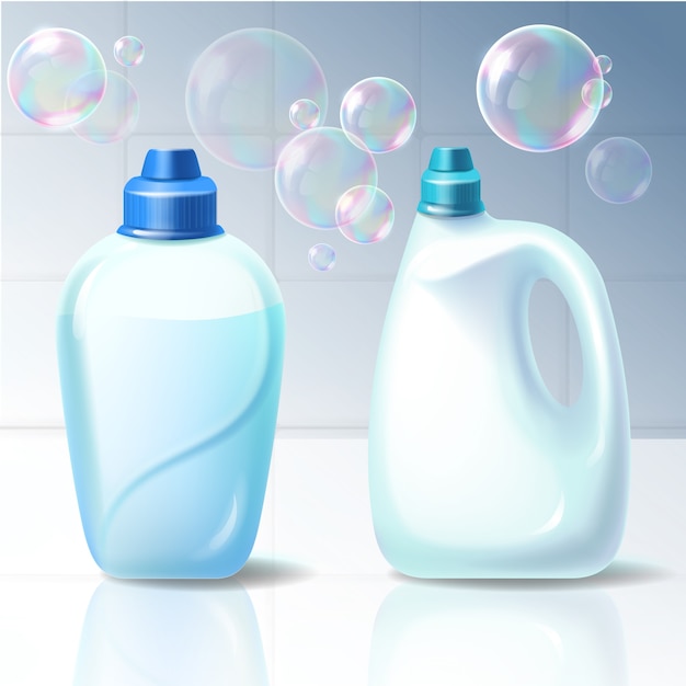 Set di illustrazioni vettoriali di contenitori di plastica per prodotti chimici per la casa.