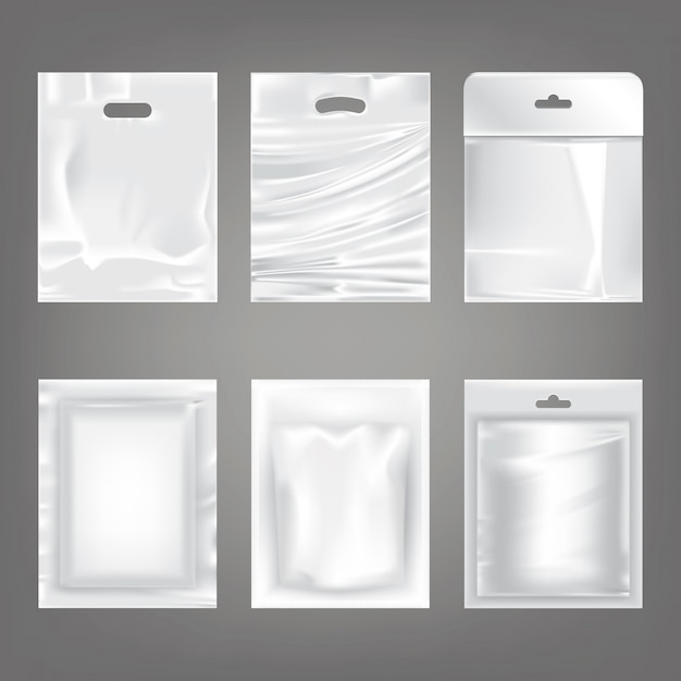 Set di illustrazioni vettoriali di plastica bianca borse vuote, imballaggio