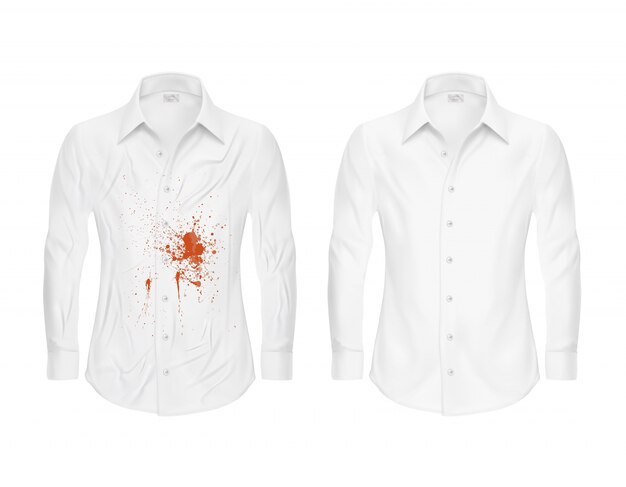 Set of vector illustrations of a white shirt with a red spot and clean, before and after a dry-cleaner