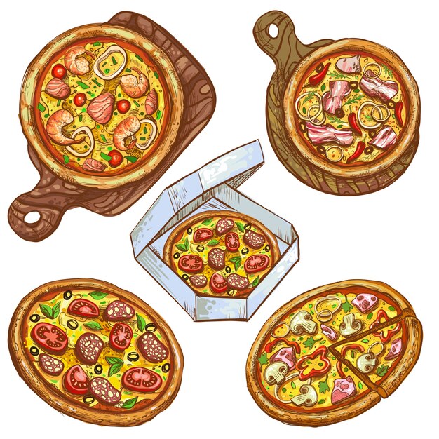 Set of vector illustrations whole pizza and slice, pizza on a wooden board, pizza in a box for delivery.