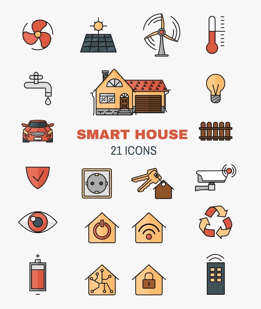 Set vector line art icons of the smart home, controlling through internet home work equipment.