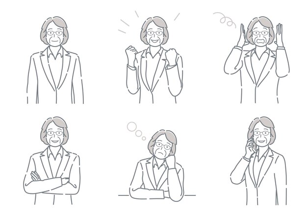 Set Of Vector MiddleAge Businesswoman With Different Poses Expressing A Variety Of Emotions
