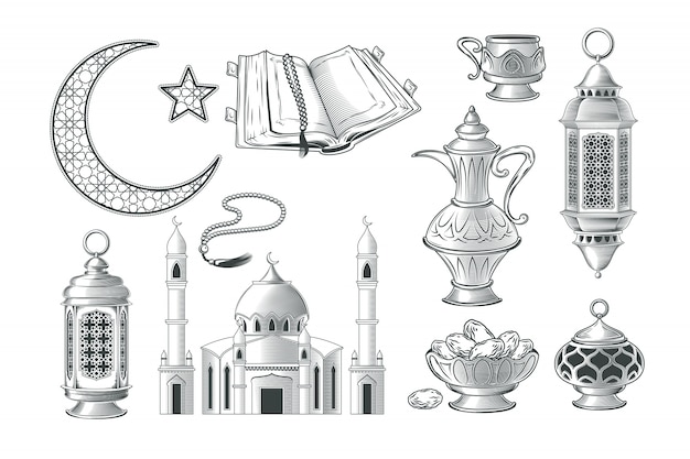 ベクトルイスラム教徒イラスト、彫刻のスタイルで祈りとラマダンカレーメのアイコンのセット