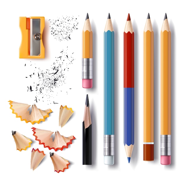 Set of vector sharpened pencils of various lengths with a rubber, a sharpener, pencil shavings