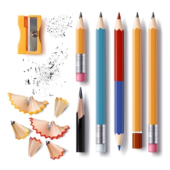 Set of vector sharpened pencils of various lengths with a rubber, a sharpener, pencil shavings