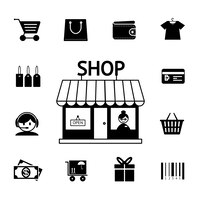 Set di icone vettoriali dello shopping in bianco e nero con un carrello carrello portafoglio portafoglio carta bancaria negozio consegna regalo soldi e codice a barre raffigurante consumismo e acquisti al dettaglio