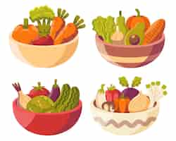 Free vector set of vegatable in bowl with tomato eggplant garlic cucumber kale onion chili green peas and carrot drawing style vector illustration