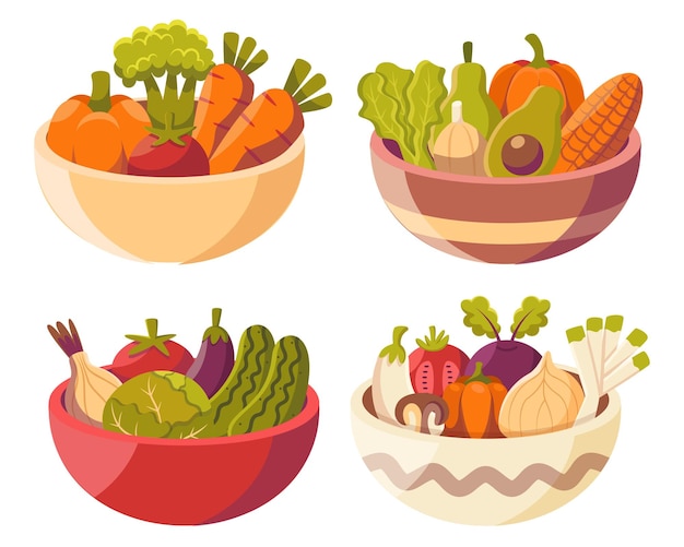 Набор овощей в миске с помидорами, баклажанами, чесноком, огурцом, капустой, луком, чили, зеленым горошком и векторной иллюстрацией в стиле моркови