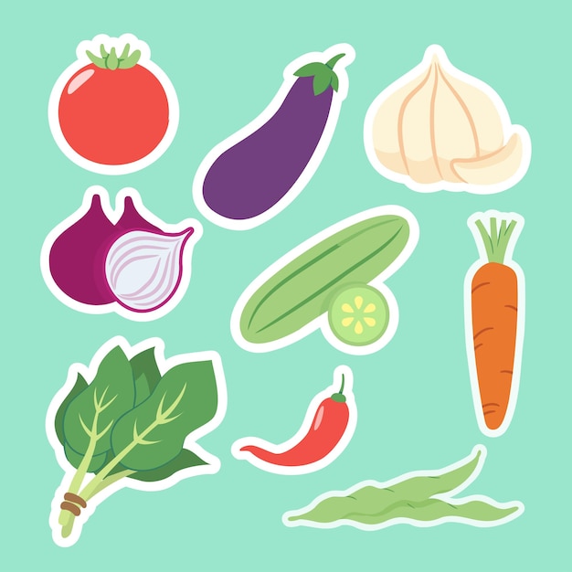 Free vector set of vegatable with tomato eggplant garlic cucumber kale onion chili green peas and carrot drawing style isolated on green background vector