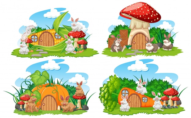 Set of vegetable fantasy houses in the garden with cute animals isolated on white background