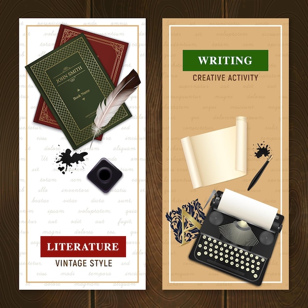 Set of vertical banners realistic vintage literature objects for writing activity and reading isolated
