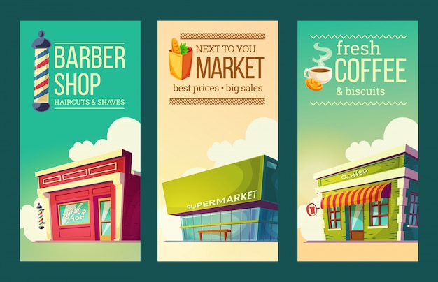 Set vertical banners in retro style with supermarket, barber shop, coffee house