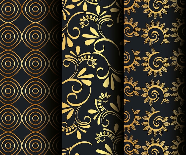 Set victorian and floral golden seamless patterns