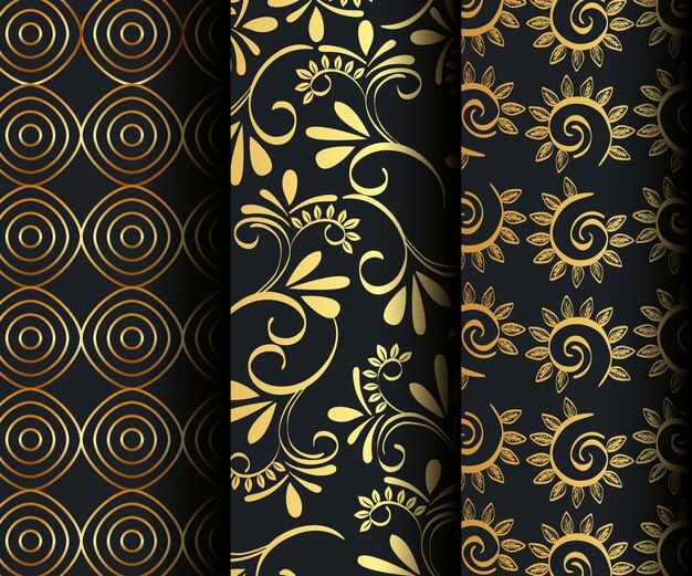 Set victorian and floral golden seamless patterns