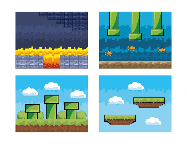 Set of videogame pixelated  scene
