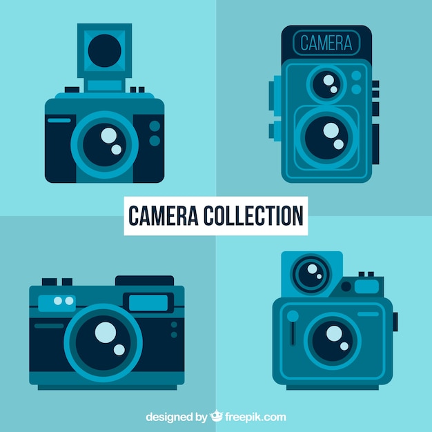 Free vector set of vintage blue cameras in flat design