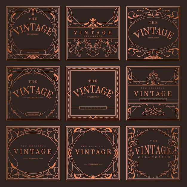 Set of vintage bronze art nouveau badges vector