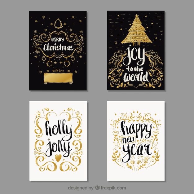 Set of vintage christmas cards with golden sketches