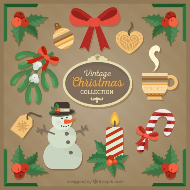 Free vector set of vintage decorative objects for christmas