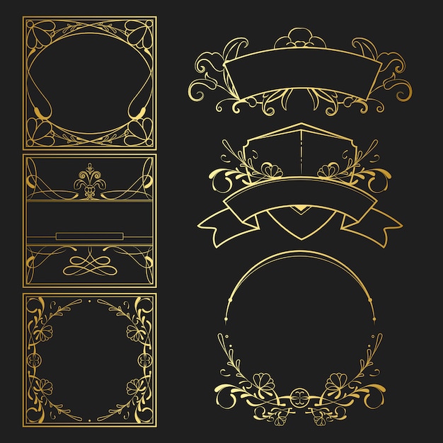 Set of vintage golden art nouveau elements vector