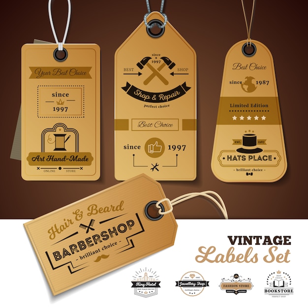 Free vector set of vintage labels of shops with design of 3d cardboard tags