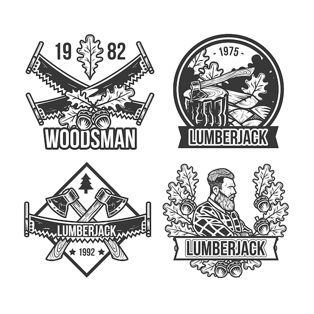 Set of vintage lumberjack emblems, logos. Isolated on white