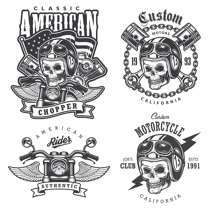 Free Vector set of vintage motorcycle  t-shirt prints, emblems, labels, badges and logos. monochrome style. isolated on white background