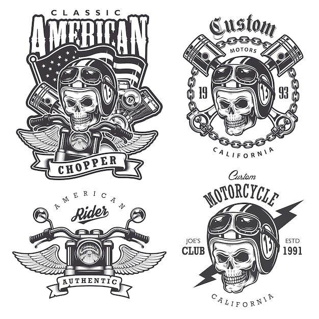 Набор старинных мотоциклетных футболок с принтами, эмблем, этикеток, значков и логотипов. Монохромный стиль. Изолированные на белом фоне