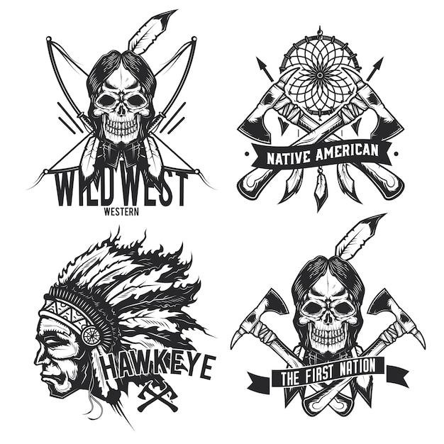 Set of vintage native american emblems, labels, badges, logos. Isolated on white