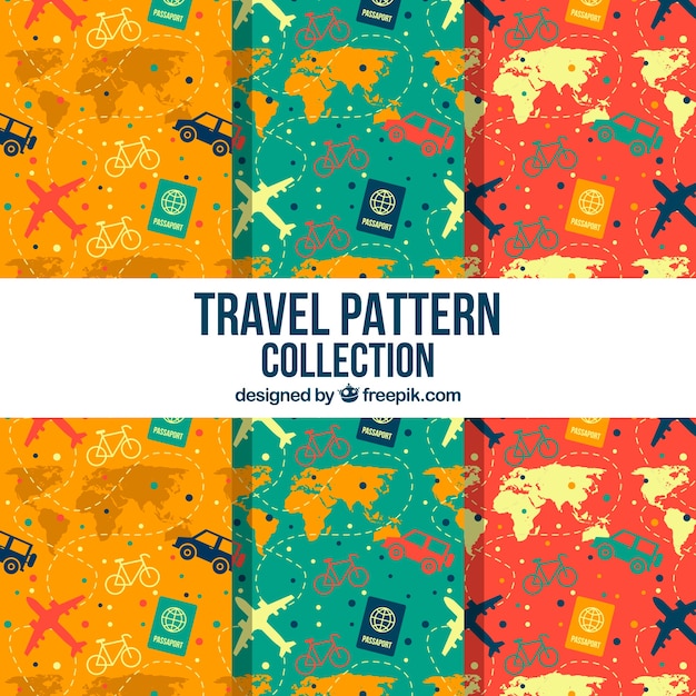 Set of vintage patterns with travel elements in flat design