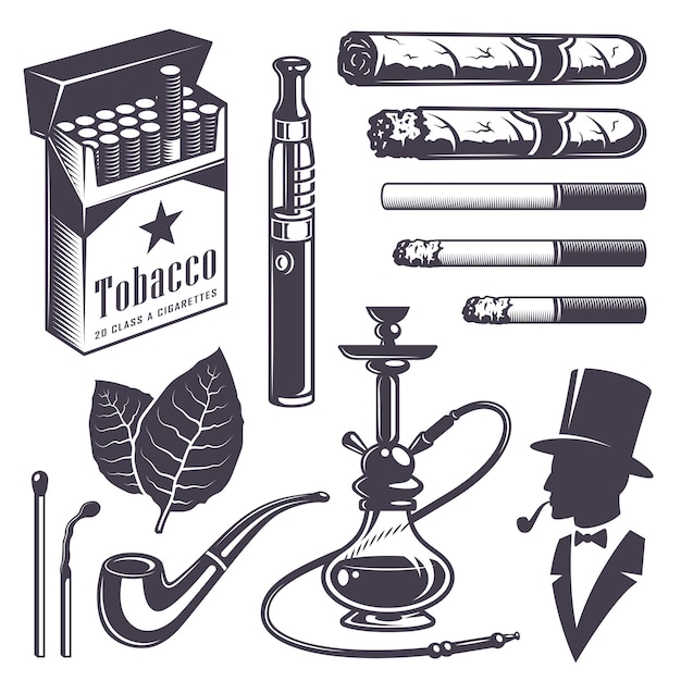 Набор старинных элементов для курения табака. Монохромный стиль. Изолированные на белом фоне.