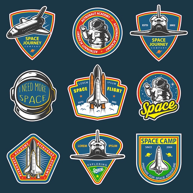 Set of vintage space and astronaut badges, emblems, logos and labels. colored on dark background.