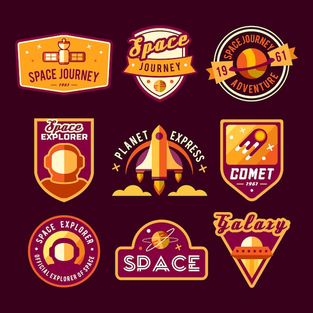 Free vector set of vintage space and astronaut badges, emblems, logos and labels.