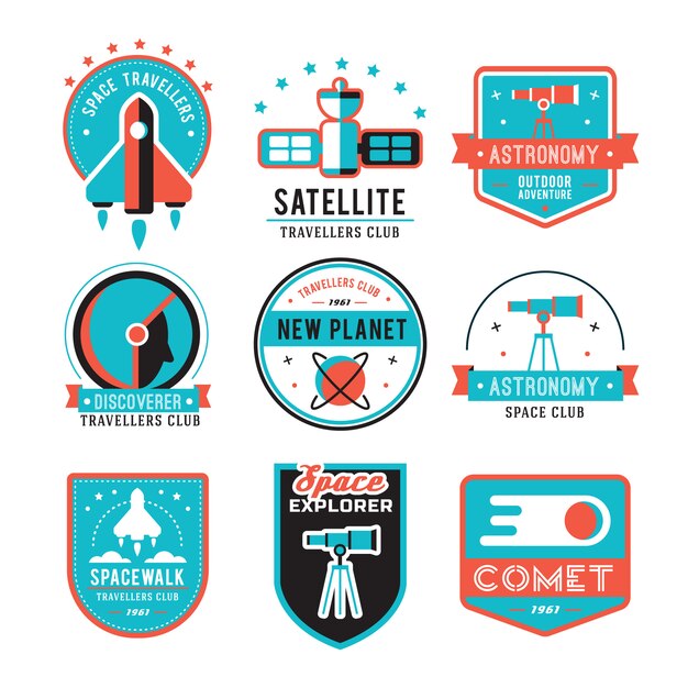 ヴィンテージスペースと宇宙飛行士のバッジ、エンブレム、ロゴ、ラベルのセット。